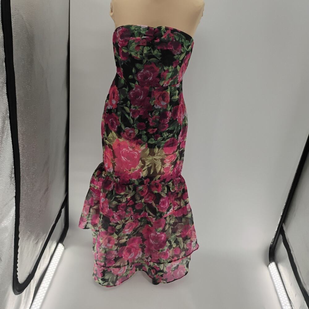 LULUS Truly Extraordinary Black Floral Organza Strapless Tiered Maxi Dress-Sz M - Picture 4 of 15